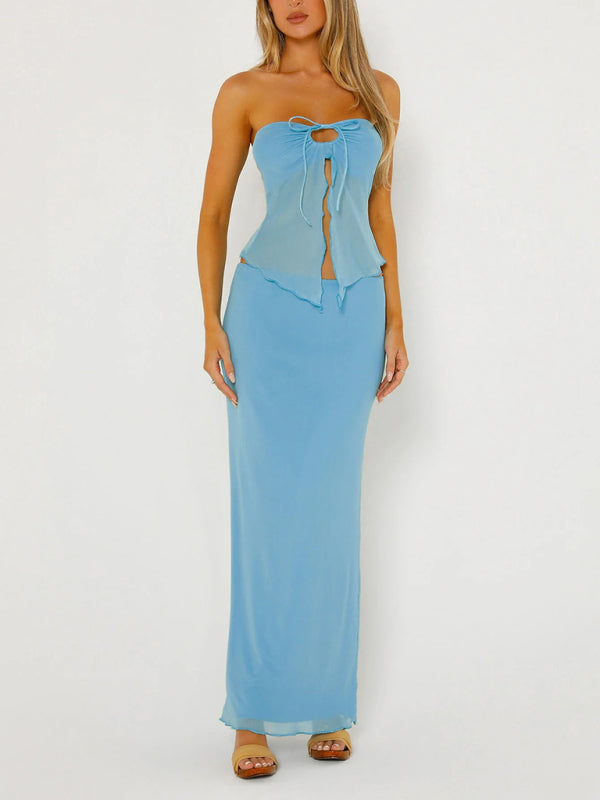 Temperament solid color sleeveless mesh double layer slit tube top vest long skirt suit - Sky blue azure / M