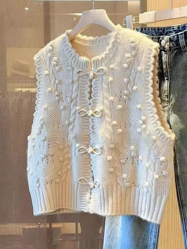 Three-dimensional buckle design lace collar knitted vest loose soft waxy layered top vest - Cream / FREESIZE
