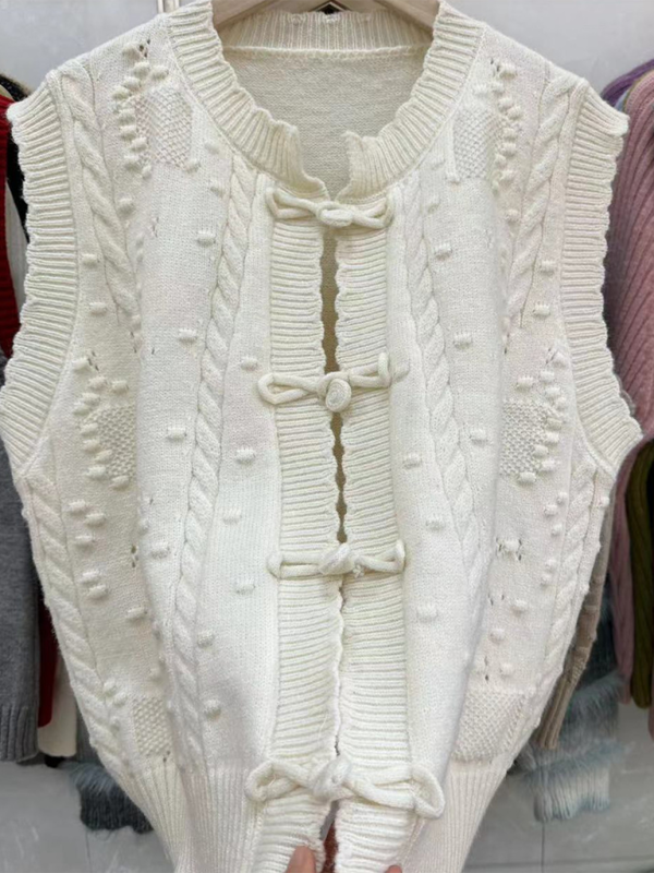 Three-dimensional buckle design lace collar knitted vest loose soft waxy layered top vest - Cream / FREESIZE