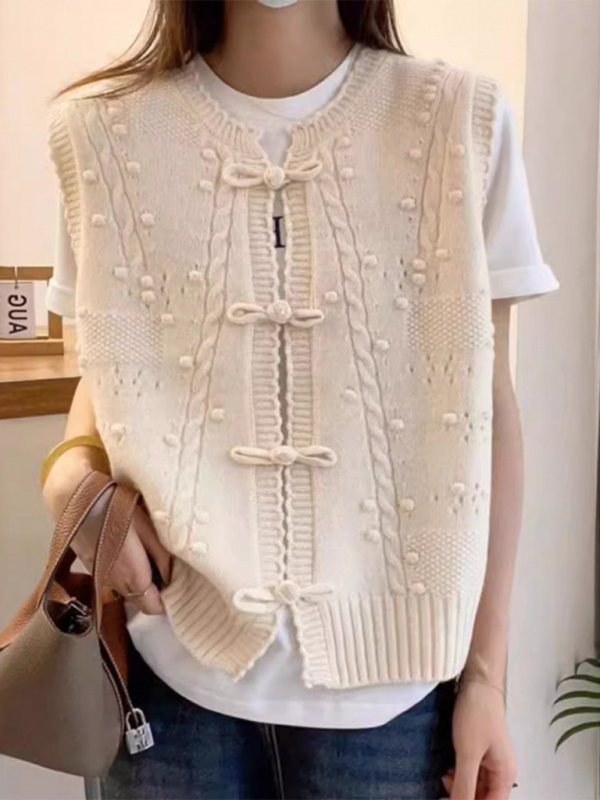 Three-dimensional buckle design lace collar knitted vest loose soft waxy layered top vest - Cream / FREESIZE
