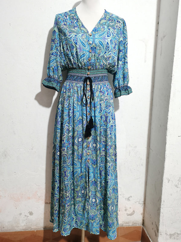 Blue paisley print maxi dress with three-quarter sleeves, waist accent, Bohemian style