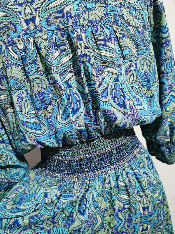 Blue and green patterned bohemian casual holiday beach dress with elastic waist and three-quarter sleeves
