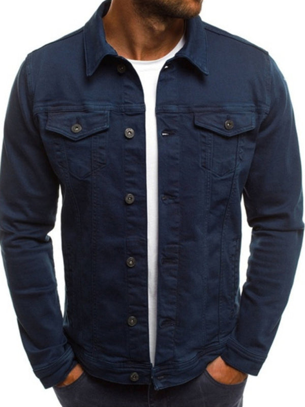 Trendy Fashion Casual Slim Denim Jacket Multi Pocket Button Stand Collar Workwear Jacket - Champlain color / M