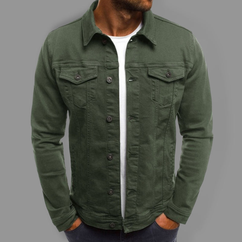 Trendy Fashion Casual Slim Denim Jacket Multi Pocket Button Stand Collar Workwear Jacket - Olive green / M