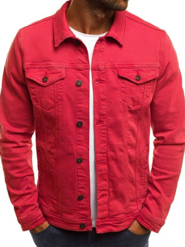 Trendy Fashion Casual Slim Denim Jacket Multi Pocket Button Stand Collar Workwear Jacket - Red / M