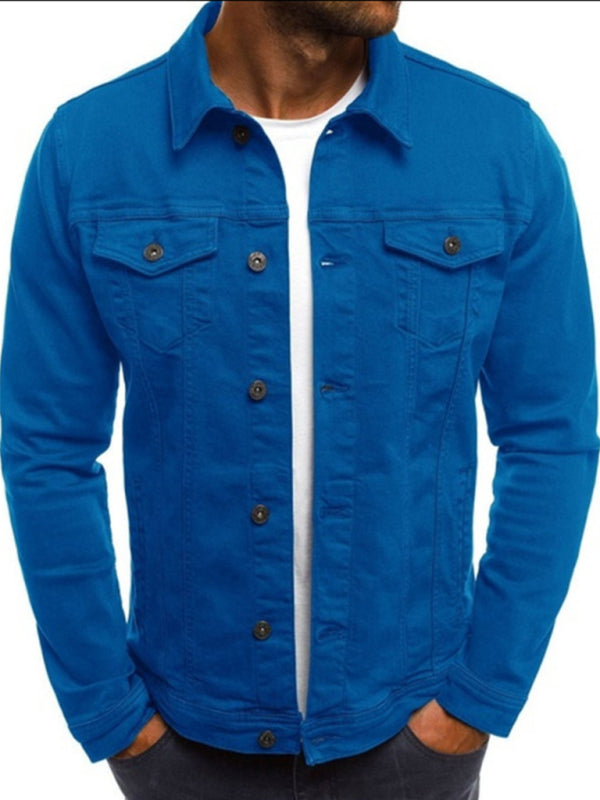 Trendy Fashion Casual Slim Denim Jacket Multi Pocket Button Stand Collar Workwear Jacket - Blue / M