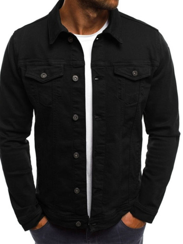 Trendy Fashion Casual Slim Denim Jacket Multi Pocket Button Stand Collar Workwear Jacket - Black / M