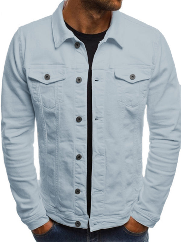Trendy Fashion Casual Slim Denim Jacket Multi Pocket Button Stand Collar Workwear Jacket - White / M