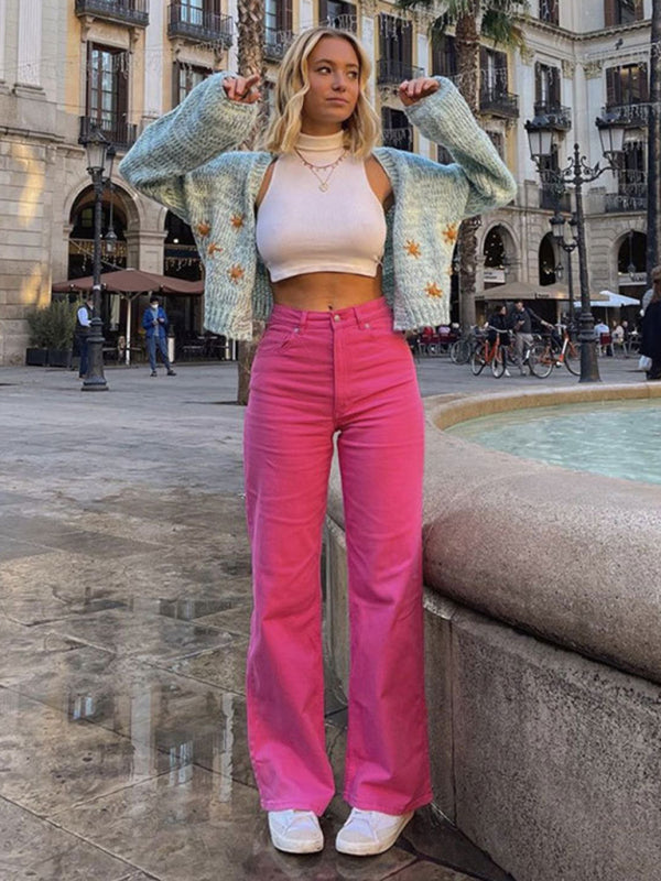 Trendy loose all-match trousers look thin high waist jeans wide leg pants - Rose / S