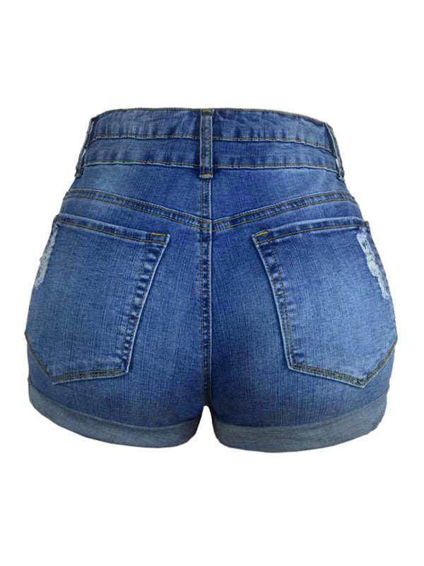 Trendy ripped rolled edge elastic high waist denim shorts women’s hot pants