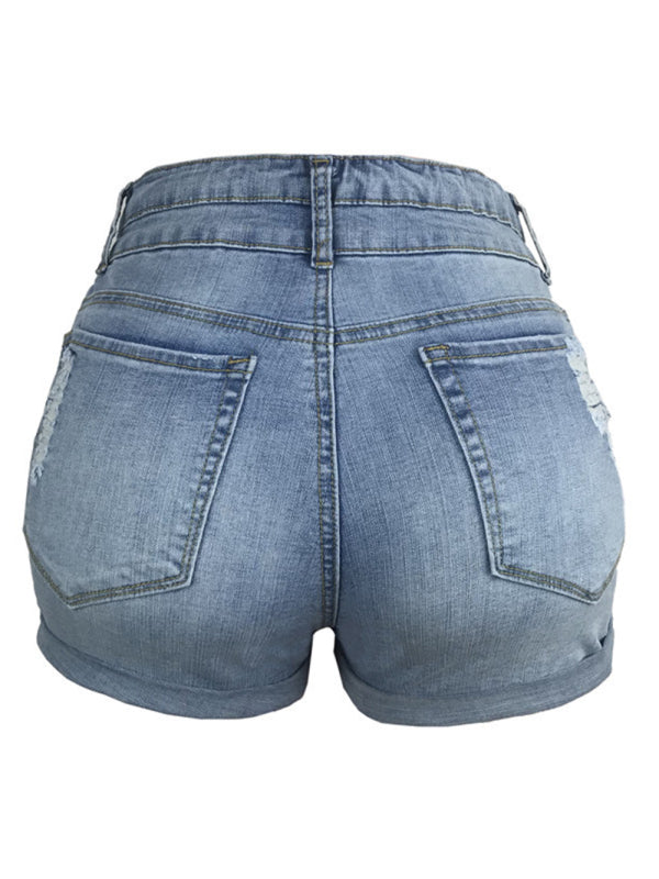 Trendy ripped rolled edge elastic high waist denim shorts women’s hot pants