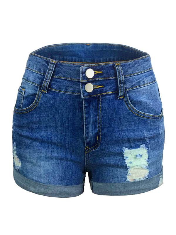 Trendy ripped rolled edge elastic high waist denim shorts women’s hot pants