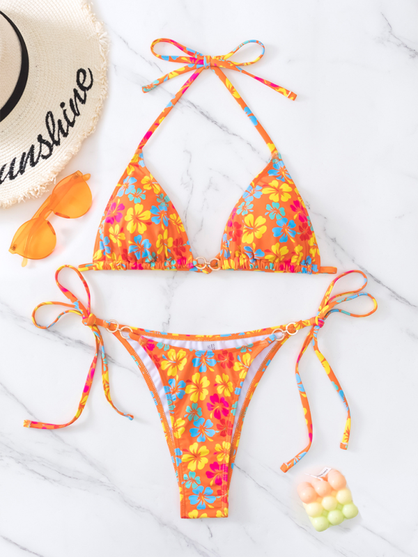 Triangle Cup Printed Lace-Up Sexy Bikini Swimsuit - Orange / S