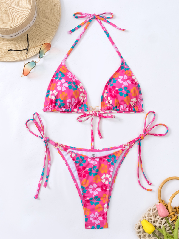 Triangle Cup Printed Lace-Up Sexy Bikini Swimsuit - Pink / S