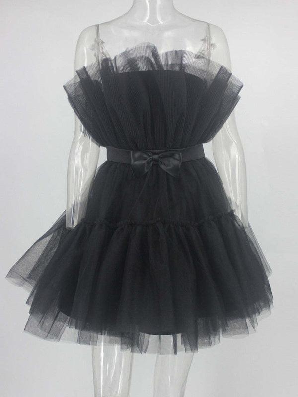 Black tulle mini dress with a bow featured in the Tulle Bow Tulle Dress product image