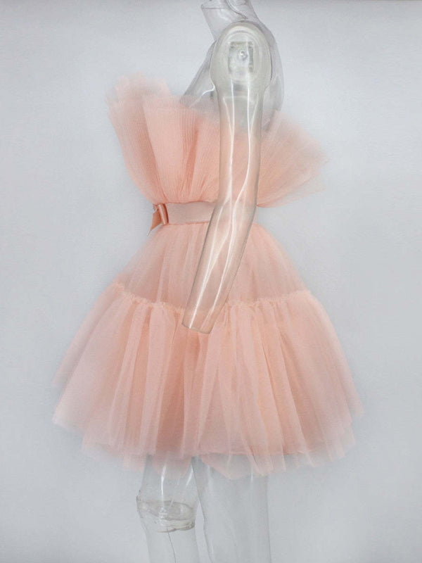 Peach-colored Tulle Bow Tulle Dress featuring a mini silhouette and waist belt