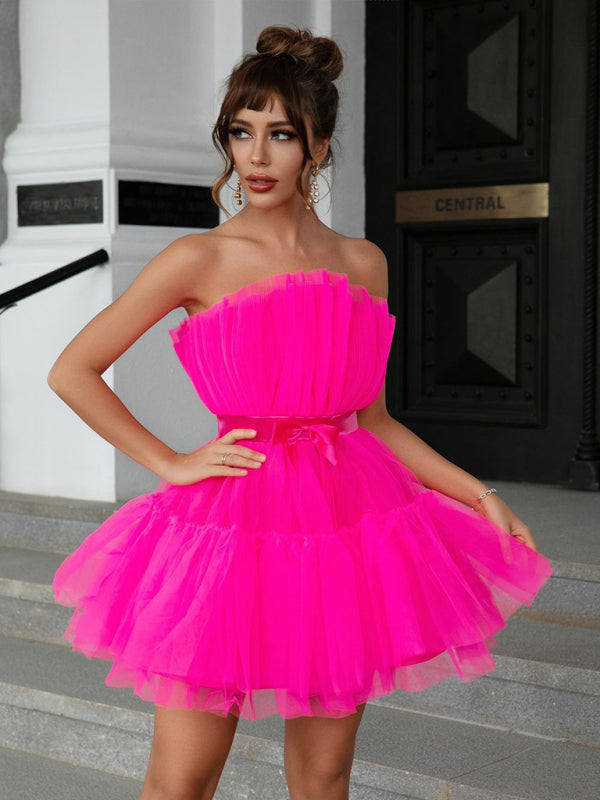 Bright pink strapless tulle dress with a bow from the Tulle Bow Tulle Dress collection