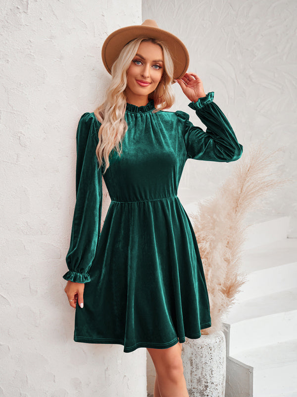 Turtleneck velvet solid color waist dress - Closther