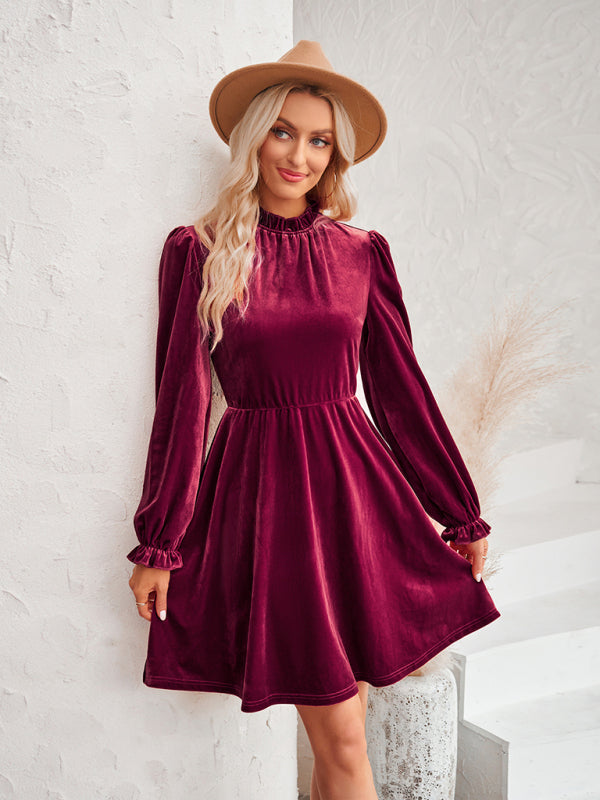 Turtleneck velvet solid color waist dress - Closther