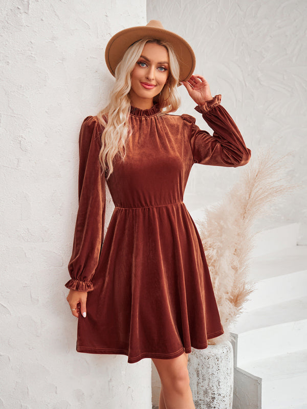 Turtleneck velvet solid color waist dress - Closther