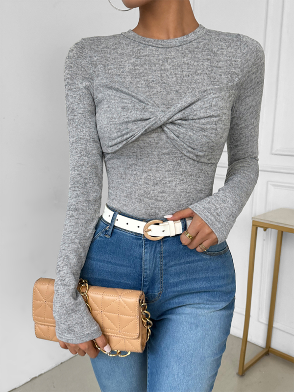 Twisted solid color long sleeve slim fit T-shirt - Misty grey / S