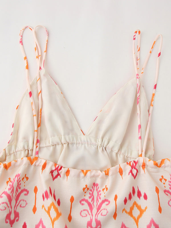 Patterned summer dress back featuring V-neck camisole top with sequin embroidery