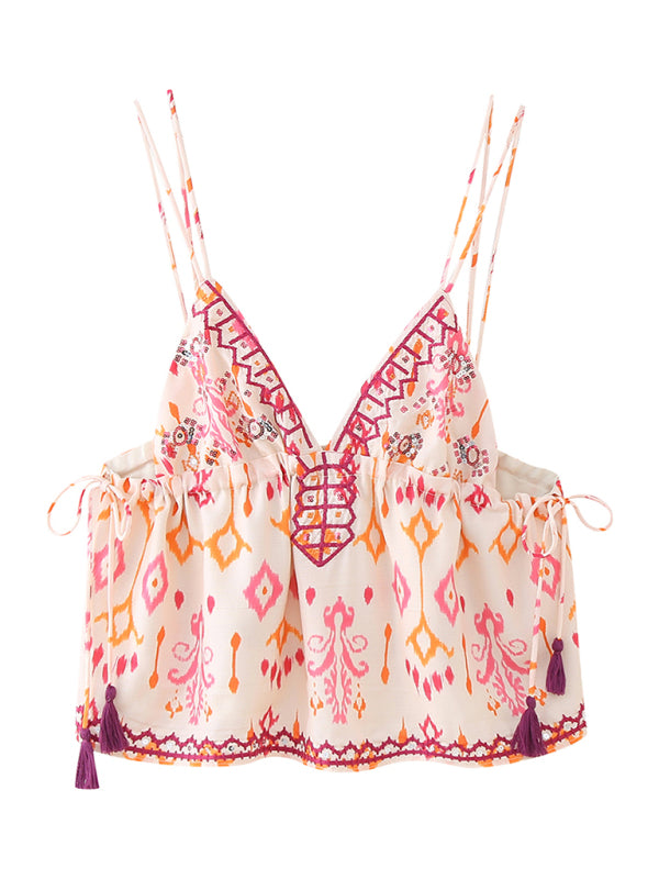 Bohemian-style crop top with tassels and sequin embroidery in the V-neck camisole top