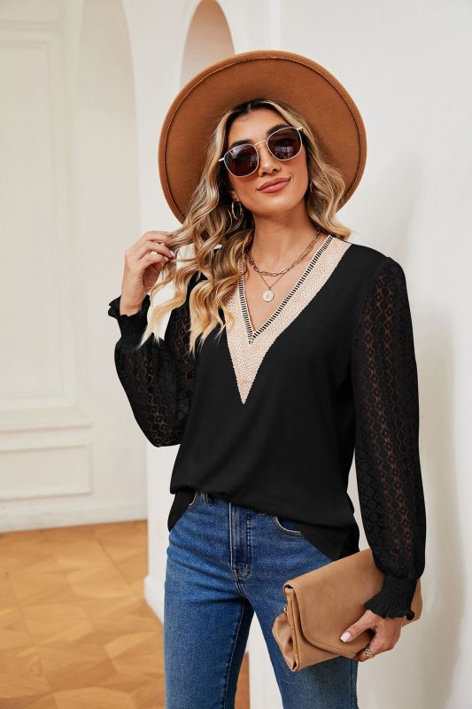 V-neck lace patchwork hollow long-sleeved loose top T-shirt - Black / S