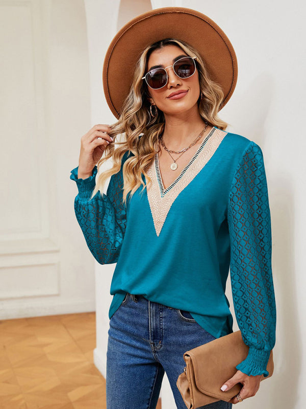 V-neck lace patchwork hollow long-sleeved loose top T-shirt - Blue / S
