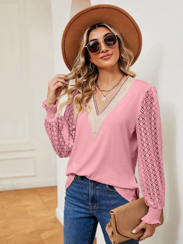 V-neck lace patchwork hollow long-sleeved loose top T-shirt - Pink / S