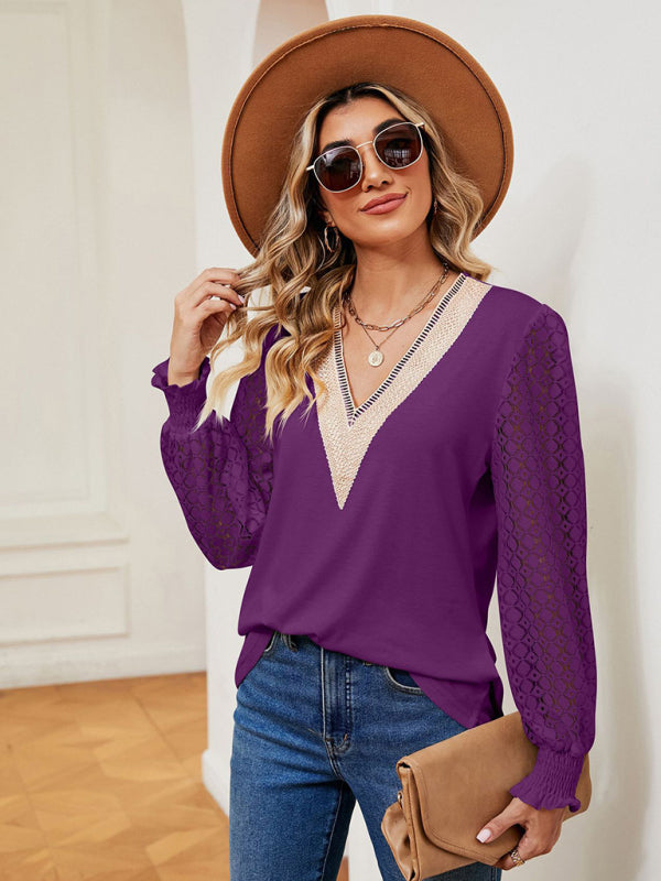 V-neck lace patchwork hollow long-sleeved loose top T-shirt - Purple / S