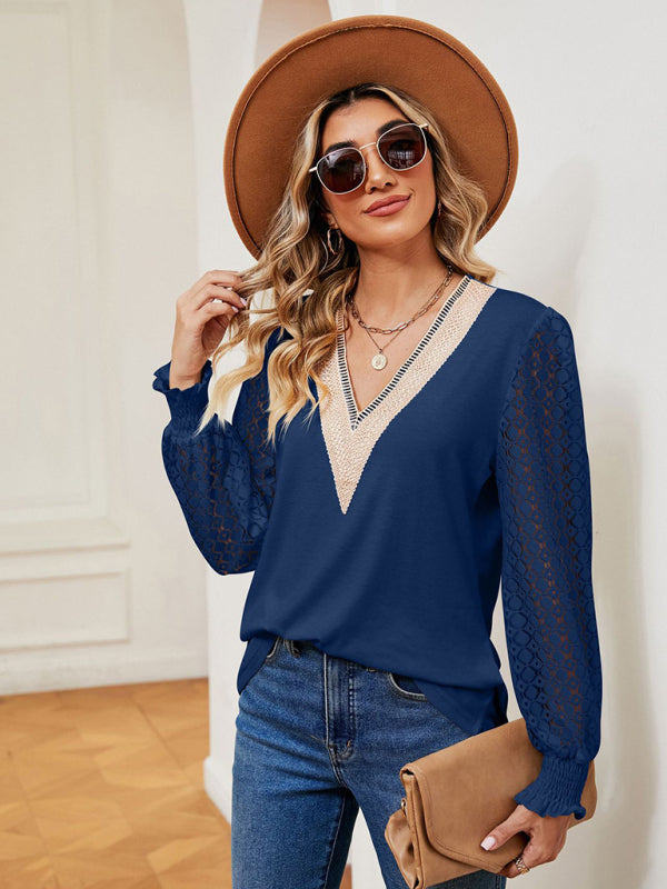 V-neck lace patchwork hollow long-sleeved loose top T-shirt - Purplish blue navy / S