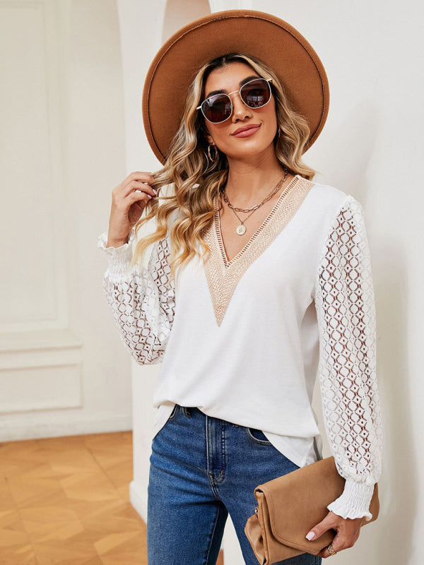 V-neck lace patchwork hollow long-sleeved loose top T-shirt - White / S