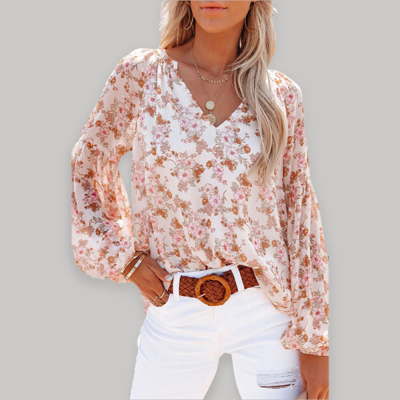 V-Neck Lantern Sleeve Curved Pendant Floral Print Chiffon Top - print on white / S