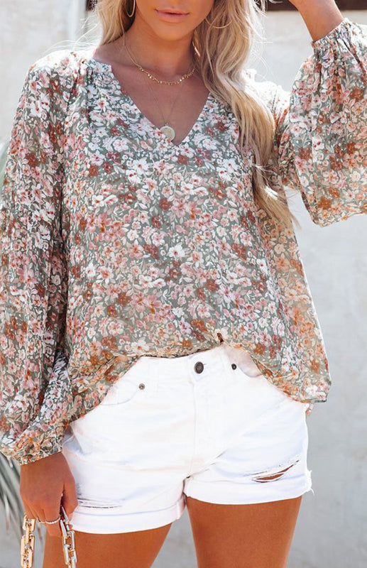 V-Neck Lantern Sleeve Curved Pendant Floral Print Chiffon Top - Dark green background printing / S