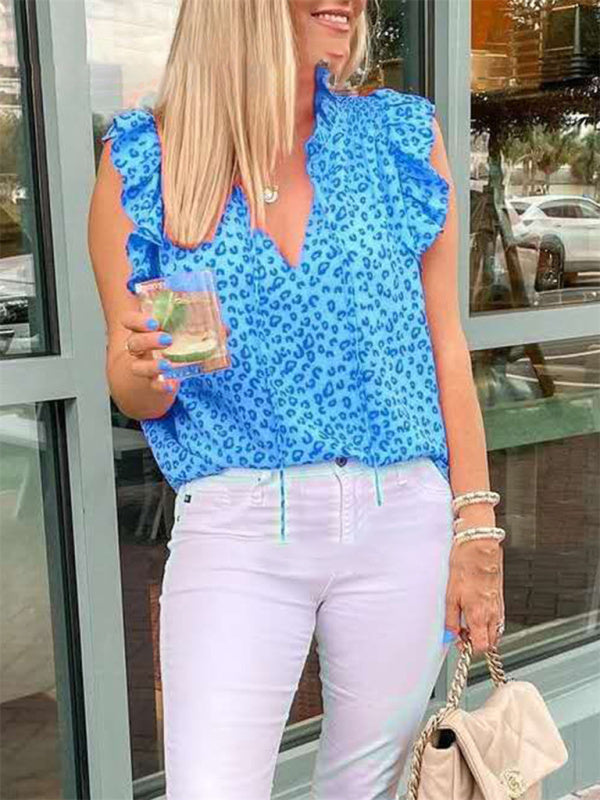 V Neck Leopard Print Short Sleeve Amazon T-Shirt Tank Top - Blue / S