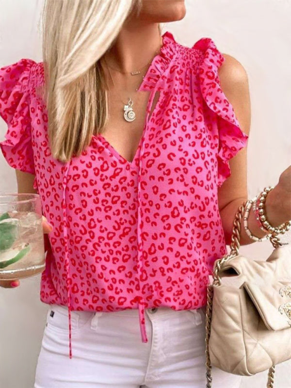 V Neck Leopard Print Short Sleeve Amazon T-Shirt Tank Top - Rose / S