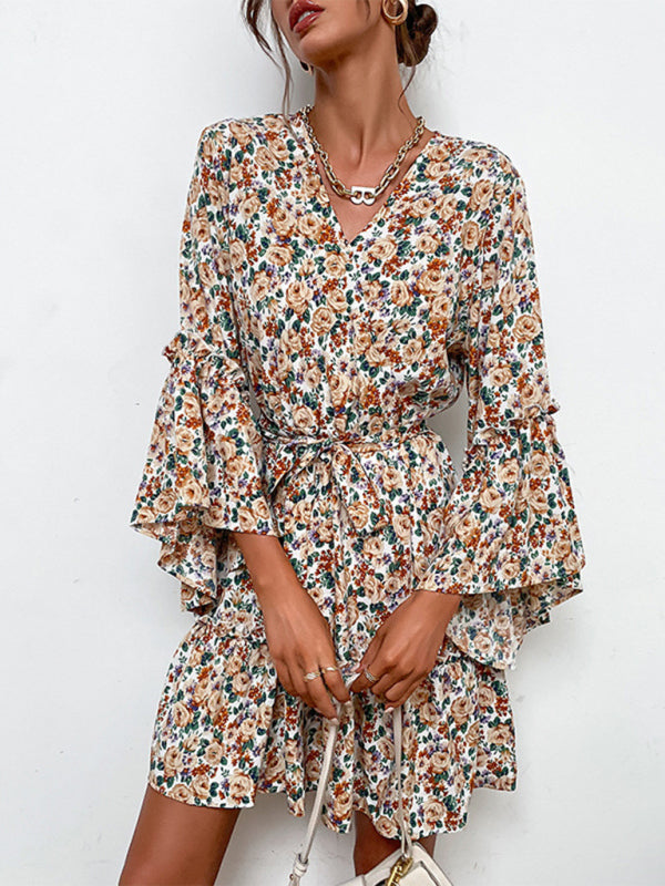 V-neck printed long-sleeved early autumn dress - Closther