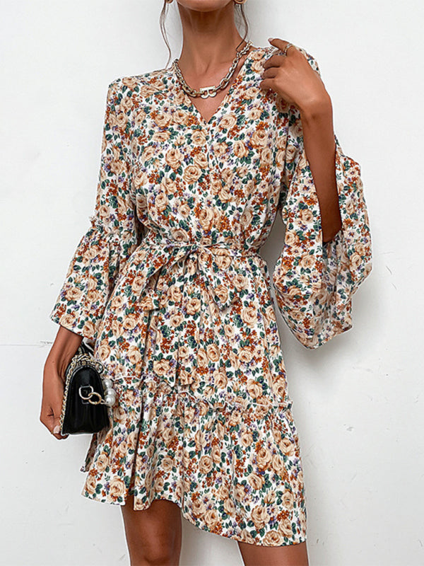 V-neck printed long-sleeved early autumn dress - Closther
