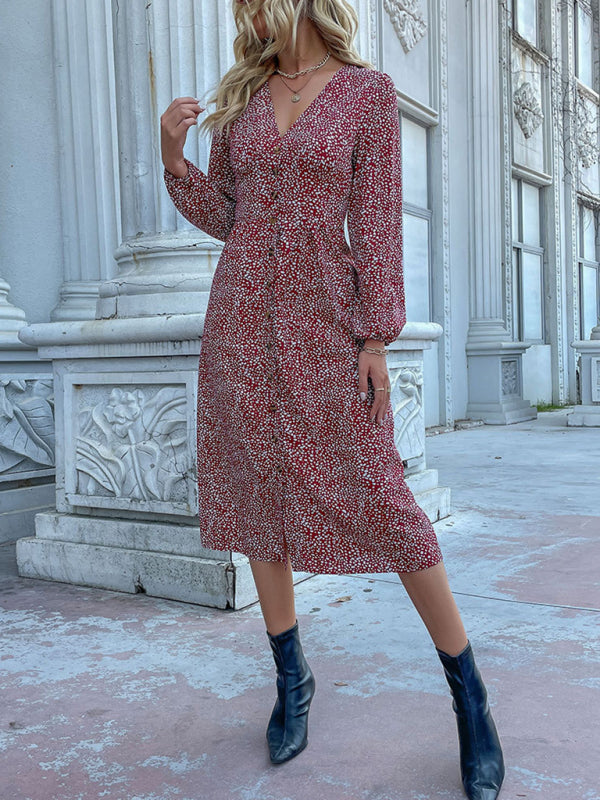 V -neck single -breasted cross -border long -sleeved dress autumn - Closther