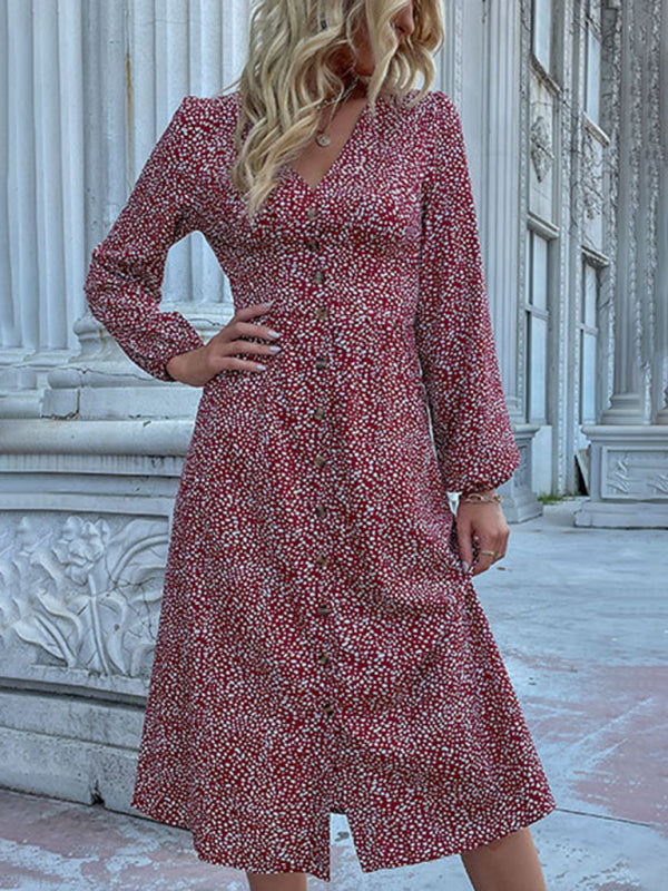 V -neck single -breasted cross -border long -sleeved dress autumn - Closther