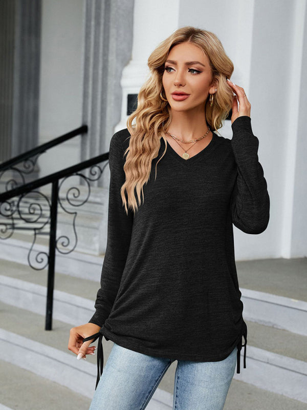V-neck smocked solid color long-sleeved loose T-shirt top - Black / S