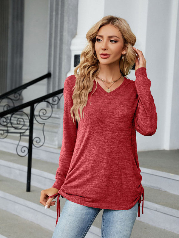 V-neck smocked solid color long-sleeved loose T-shirt top - Red / S