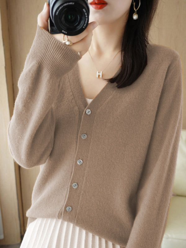 V-neck solid color short knitted cardigan coat sweater