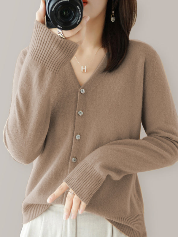 V-neck solid color short knitted cardigan coat sweater - caramel / S