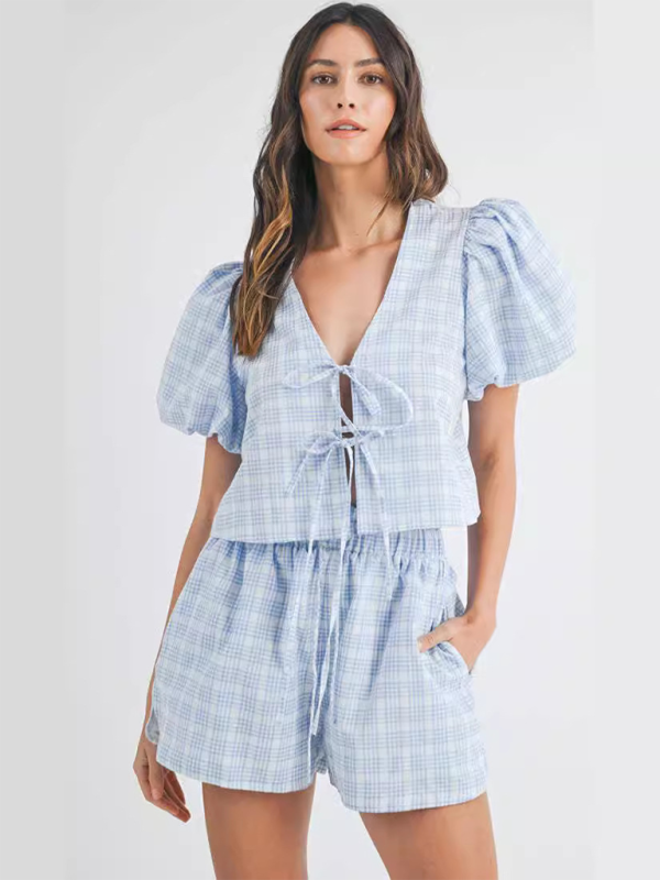 V-neck tie bow puff sleeve top casual shorts plaid two-piece suit - Blue / S