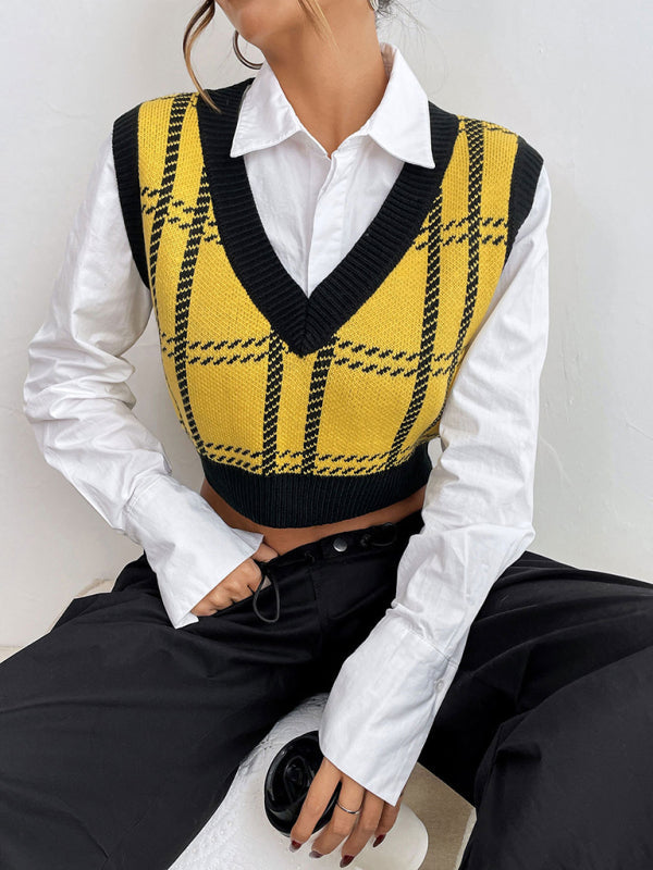 V-neck woolen checked vest - Yellow / S