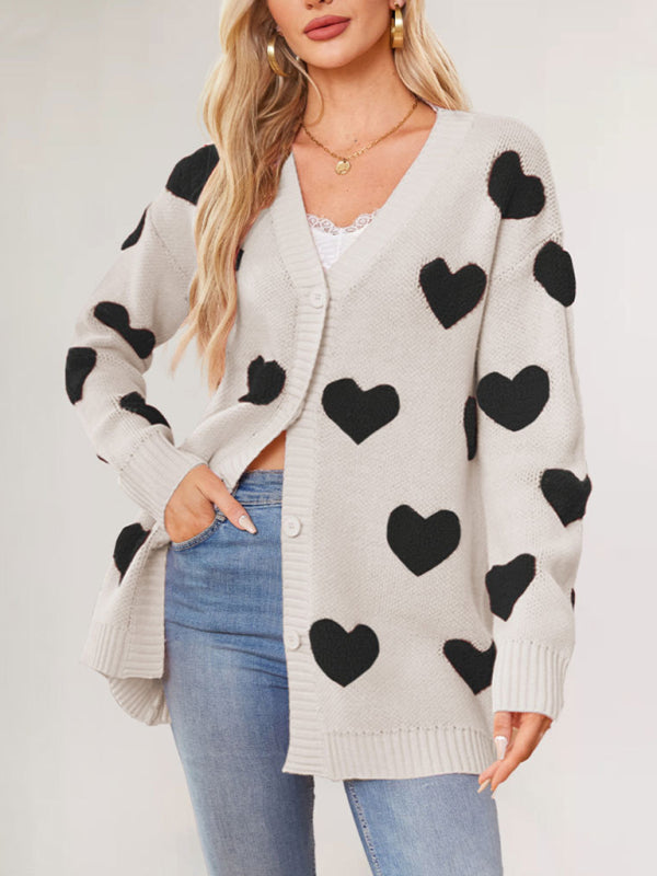 Valentine’s Day Heart Knitted Midi Jacket V-Neck Button Cardigan - Pattern / S
