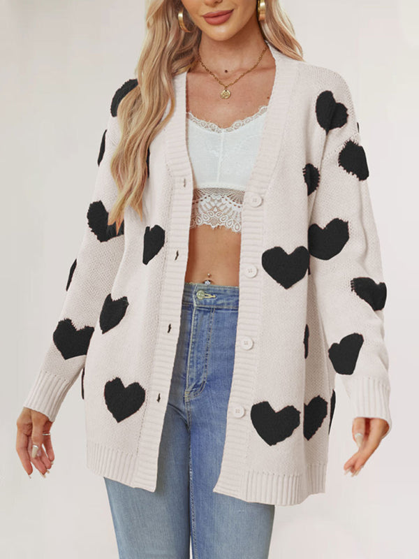 Valentine’s Day Heart Knitted Midi Jacket V-Neck Button Cardigan