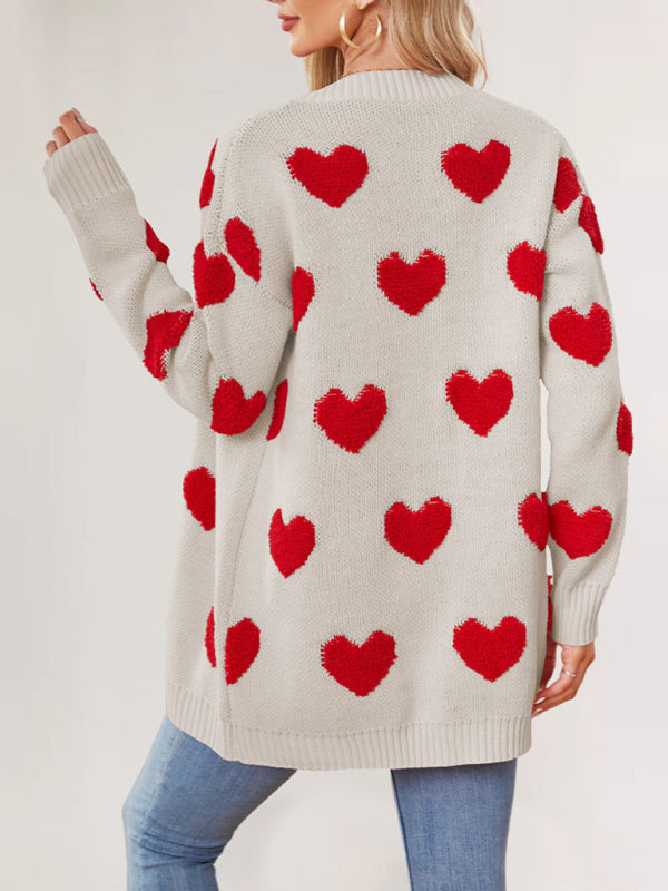 Valentine’s Day Heart Knitted Midi Jacket V-Neck Button Cardigan